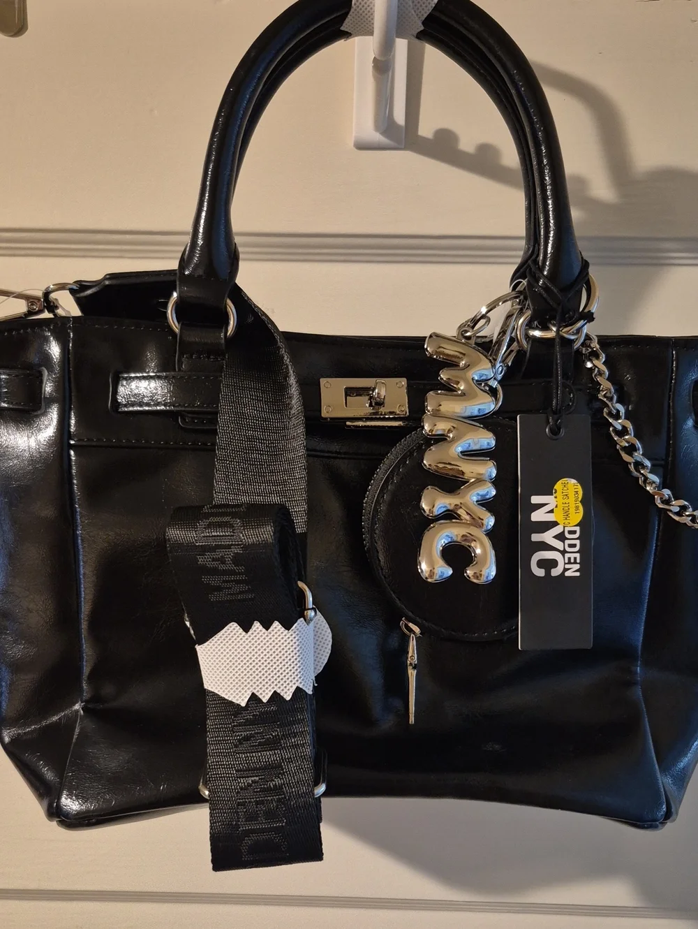 Black Women's Tote Bag with Silver Charm and Detachable Strap